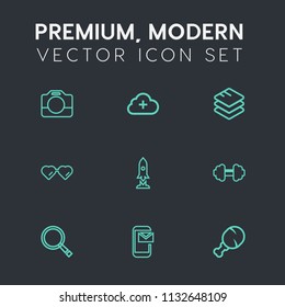 Modern, simple vector icon set on dark grey background with web, handle, sport, camcorder, craft, movie, internet, sun, email, fast, technology, business, concept, mail, exercise, video, glasses icons