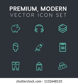 Modern, simple vector icon set on dark grey background with headphone, technology, data, audio, currency, house, information, package, star, night, delivery, ship, view, ufo, listen, vision, box icons