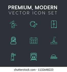 Modern, simple vector icon set on dark grey background with center, female, day, home, timetable, office, landscape, cupboard, cabinet, travel, lipstick, transportation, medieval, night, moon icons