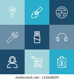 Modern, simple vector icon set on colorful blue backgrounds with young, sale, cart, wrench, cable, look, music, medical, woman, hammer, lab, plug, find, lady, shovel, tool, magnifier, spanner icons