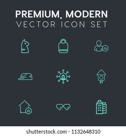Modern, simple vector icon set on dark grey background with hat, competition, white, bag, bird, display, network, birdhouse, media, social, status, building, sun, strategy, accessory, modern icons
