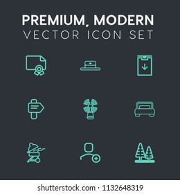 Modern, simple vector icon set on dark grey background with document, fashion, user, sea, account, head, travel, diploma, arrow, grill, cap, white, hat, bbq, direction, download, bed, tree, sign icons