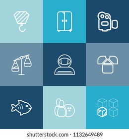 Modern, simple vector icon set on colorful blue backgrounds with house, cupboard, seafood, cosmonaut, equipment, decorative, fish, camera, space, pin, sea, shirt, film, astronaut, furniture icons