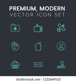 Modern, simple vector icon set on dark grey background with protection, male, boy, lock, entertainment, thermometer, security, scale, store, flight, folder, airplane, safety, video, arrow, shop icons