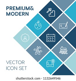 Modern, simple vector icon set on blue colorful background with internet, day, paris, up, money, check, calendar, pen, furniture, interior, stairs, crater, mobile, modern, ocean, eiffel, online icons
