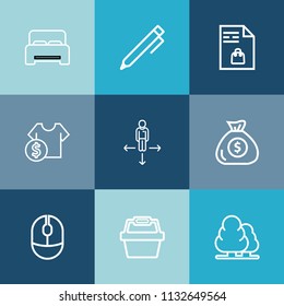 Modern, simple vector icon set on colorful blue backgrounds with shopping, financial, place, money, pencil, education, home, hotel, notebook, hand, school, click, direction, forest, market, tree icons