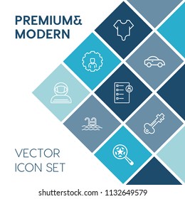 Modern, simple vector icon set on blue colorful background with travel, swimming, spacesuit, magnifying, girl, website, business, account, transportation, vehicle, transport, female, online, key icons