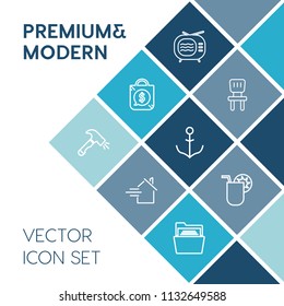 Modern, simple vector icon set on blue colorful background with white, technology, discount, electronic, rudder, cocktail, property, wheel, room, construction, drink, furniture, summer, estate icons