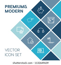 Modern, simple vector icon set on blue colorful background with bank, tag, diploma, communication, banking, home, coin, passport, discount, investment, increase, person, people, business, music icons