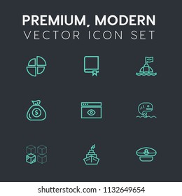 Modern, simple vector icon set on dark grey background with internet, cap, relocation, diagram, book, package, chart, element, read, buoy, finance, education, window, food, knowledge, life, sea icons