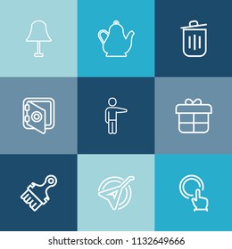 Modern, simple vector icon set on colorful blue backgrounds with hand, safety, box, water, lamp, security, beverage, white, safe, tea, pointing, touch, coffee, music, instrument, electric, , bin icons