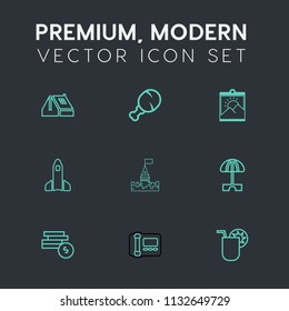 Modern, simple vector icon set on dark grey background with parasol, food, drink, chicken, sun, fast, stationary, architecture, fried, business, money, window, science, home, glass, building icons