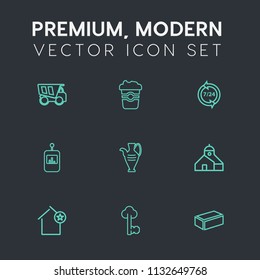 Modern, simple vector icon set on dark grey background with cargo, metal, construction, service, key, jug, favorite, apartment, espresso, vintage, transport, lorry, vase, lock, heavy, beverage icons