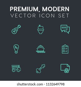 Modern, simple vector icon set on dark grey background with sea, dump, checklist, door, guitar, map, rock, truck, phone, restroom, vintage, help, tick, achievement, list, sos, musical, music, wc icons