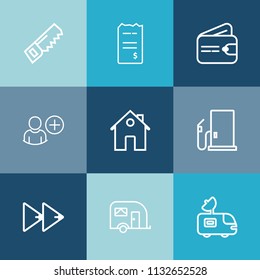 Modern, simple vector icon set on colorful blue backgrounds with user, gas, sign, payment, transportation, rewind, petrol, equipment, home, bill, property, add, hammer, tv, drill, cash, antenna icons
