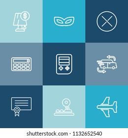 Modern, simple vector icon set on colorful blue backgrounds with calculator, arrow, electricity, light, shipping, party, business, fast, masquerade, festival, bulb, success, computer, car, sign icons