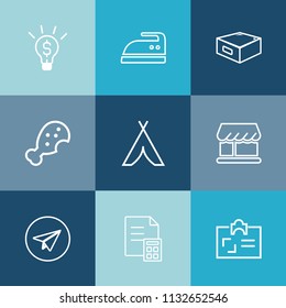 Modern, simple vector icon set on colorful blue backgrounds with web, internet, banking, drawer, household, email, idea, success, travel, communication, concept, meal, ironing, office, curtain icons