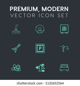 Modern, simple vector icon set on dark grey background with refresh, car, travel, guitar, lock, tower, quality, bed, people, music, bedroom, plane, fantasy, transport, aircraft, old, airplane icons
