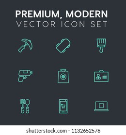 Modern, simple vector icon set on dark grey background with work, app, picking, extreme, woman, crane, technology, game, paintbrush, skate, skater, heavy, mobile, female, skateboard, online, gun icons