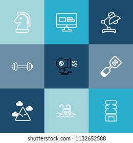 Modern, simple vector icon set on colorful blue backgrounds with utensil, game, sky, chessboard, workout, business, landscape, fitness, gym, white, piece, swimming, competition, fan, nature, web icons