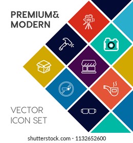 Modern, simple vector icon set on colorful flat background with photography, camera, warning, curtain, vintage, video, white, tripod, sign, screwdriver, cardboard, movie, technology, lens, stop icons