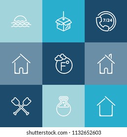Modern, simple vector icon set on colorful blue backgrounds with thermometer, nature, download, phone, technology, sunrise, support, laboratory, boat, canoe, house, equipment, sun, outdoor, home icons