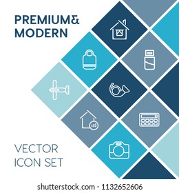 Modern, simple vector icon set on blue colorful background with plug, aircraft, video, house, power, plane, background, connector, airplane, building, button, bugle, jazz, usb, property, estate icons