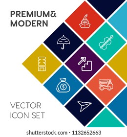 Modern, simple vector icon set on colorful flat background with white, email, vehicle, classical, tipper, string, open, upstairs, season, cold, banking, coin, downstairs, sound, , up, concert icons