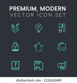 Modern, simple vector icon set on dark grey background with open, diskette, unlock, airport, computer, book, pen, bag, graphic, kitchen, water, urban, old, brush, sea, hot, care, transportation icons