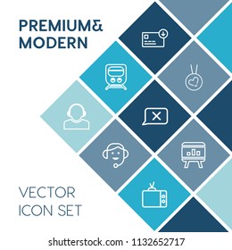 Modern, simple vector icon set on blue colorful background with gold, money, headset, call, wealth, necklace, computer, transport, locomotive, center, tv, track, technology, support, office, bag icons
