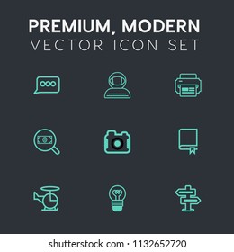 Modern, simple vector icon set on dark grey background with encyclopedia, hanger, communication, dont, space, lightbulb, science, lamp, bubble, photographer, find, helicopter, education, photo icons