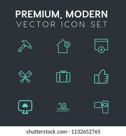 Modern, simple vector icon set on dark grey background with tool, landlord, luggage, tripod, oar, retro, shovel, property, find, web, canoe, approve, business, home, construction, hammer, loan icons