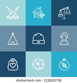 Modern, simple vector icon set on colorful blue backgrounds with camp, hat, internet, show, backdrop, background, estate, leather, travel, balance, illuminated, human, bright, style, adventure icons