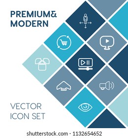 Modern, simple vector icon set on blue colorful background with fly, cart, extreme, communication, location, white, body, interface, arrow, refreshment, fashion, road, video, shirt, front, media icons