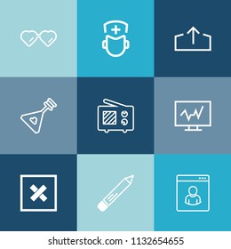 Modern, simple vector icon set on colorful blue backgrounds with profile, technology, sign, string, modern, office, communication, upload, web, doctor, uniform, medicine, sun, surgeon, radio icons