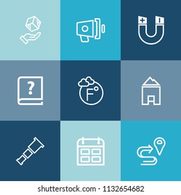 Modern, simple vector icon set on colorful blue backgrounds with navigation, care, route, loudspeaker, fahrenheit, astronomy, road, location, space, announcement, shipping, house, speaker, pen icons