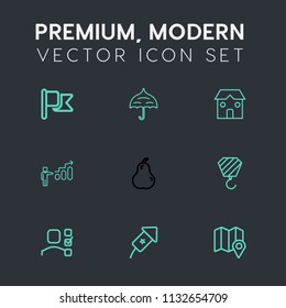 Modern, simple vector icon set on dark grey background with food, holiday, event, success, pear, white, national, map, fresh, usa, flag, parasol, pin, progress, umbrella, location, object, plan icons