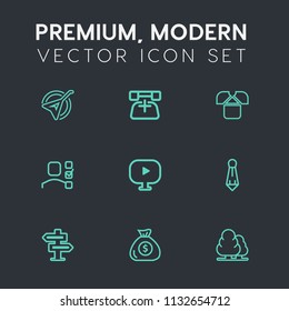 Modern, simple vector icon set on dark grey background with dont, fashion, wooden, tie, shirt, forest, banking, male, plan, melody, business, telephone, room, personal, environment, support, art icons