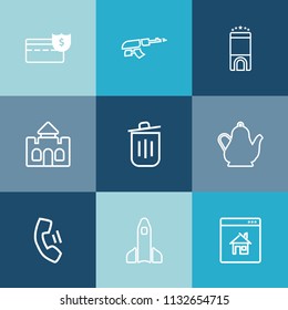 Modern, simple vector icon set on colorful blue backgrounds with hot, mobile, space, house, money, luxury, tower, military, bin, science, home, technology, cash, estate, bank, wealth, trash, can icons