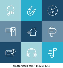 Modern, simple vector icon set on colorful blue backgrounds with concept, tune, internet, equipment, tripod, magnetic, video, retro, audio, money, musical, communication, network, pole, cloud icons
