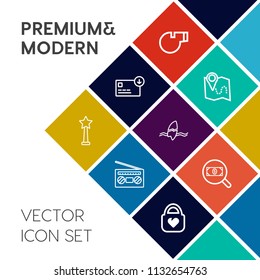 Modern, simple vector icon set on colorful flat background with referee, equipment, gps, sport, concept, play, success, currency, tropical, fashion, object, search, money, business, audio, city icons