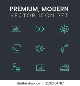 Modern, simple vector icon set on dark grey background with forward, iron, sound, button, play, technology, mobile, paper, white, wheel, document, transport, clothes, communication, audio, list icons