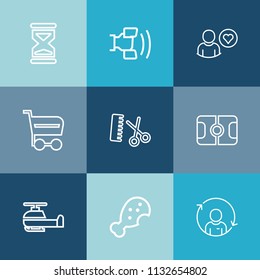 Modern, simple vector icon set on colorful blue backgrounds with cart, hour, hairdresser, market, meal, pitch, home, aviation, salon, transport, football, quality, transportation, soccer, timer icons
