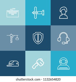 Modern, simple vector icon set on colorful blue backgrounds with fashion, shield, axe, hammer, science, digital, space, pc, cap, aircraft, people, saw, war, web, female, spacesuit, air, security icons
