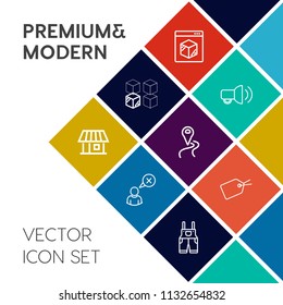 Modern, simple vector icon set on colorful flat background with message, house, speaker, communication, female, moving, delivery, people, web, cancel, relocation, megaphone, wear, loud, adult icons