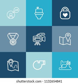 Modern, simple vector icon set on colorful blue backgrounds with craft, work, reward, sanitary, background, white, road, camera, award, location, bag, microphone, sewing, restroom, video, laptop icons