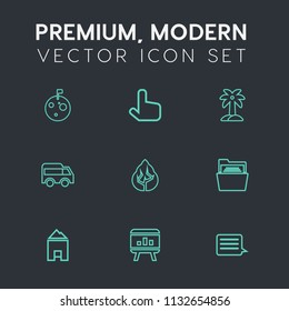 Modern, simple vector icon set on dark grey background with natural, landscape, direction, leaf, press, folder, business, star, flag, paper, file, chart, tropical, arrow, plant, click, crater icons