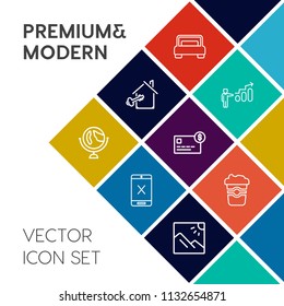 Modern, simple vector icon set on colorful flat background with bedroom, progress, connection, property, double, key, world, balance, photo, credit, bed, success, interior, cord, coffee, planet icons