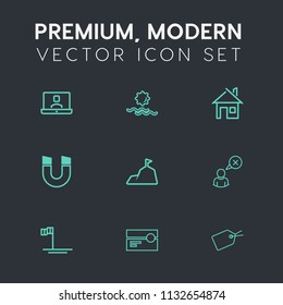 Modern, simple vector icon set on dark grey background with communication, sign, call, sunset, field, web, stereo, woman, magnetic, pole, audio, people, mexico, property, profile, ocean, sunrise icons