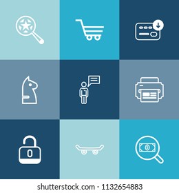 Modern, simple vector icon set on colorful blue backgrounds with unlock, wealth, communication, trolley, magnifier, finance, bag, find, retail, magnifying, hand, protection, lock, chat, board icons